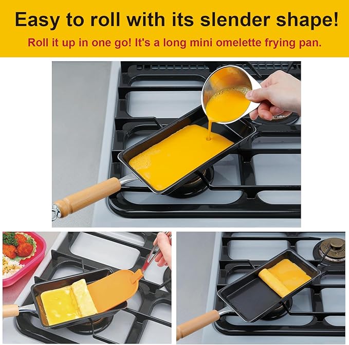 KAKUSEE Long Slim Tamagoyaki Omelette Mini Frying Pan - Iron Construction, Suitable for Gas and IH Cookers, with Wooden Handle - Made in Japan