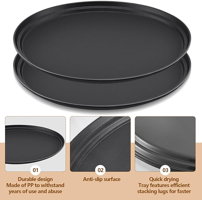 FillTouch 2 Pcs Restaurant Serving Trays PP Plastic Non Slip Rubber Lined Large Oval Tray for Kitchen Dining Room Cafeterias Fast Food Service (25 x 20 Inch,Black)
