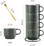 Gomakren Coffee Mugs Set of 4, 13 Ounce Stackable Coffee Mug Set with Stand, Stoneware Coffee Cup with Spoon for Coffee, Milk, Tea, Cocoa, Grey