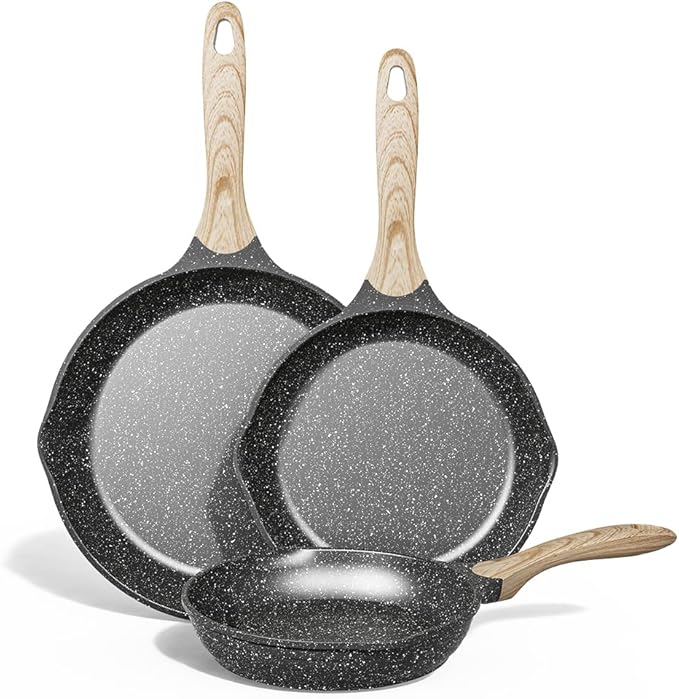 JEETEE Non Stick Frying Pan Set, Frying Pans Nonstick, Omelette Skillet with Soft Touch Handle, 3-Piece Cookware Set 8 Inch 9.5 Inch 11 Inch