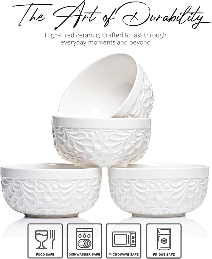 25DOL 22 oz Ceramic Bowls Set of 4 – Embossed Nature-Inspired Design, Versatile Soup & Cereal Bowls – Ideal for Ramen, Pasta, Oatmeal & Salads – Microwave & Dishwasher Safe