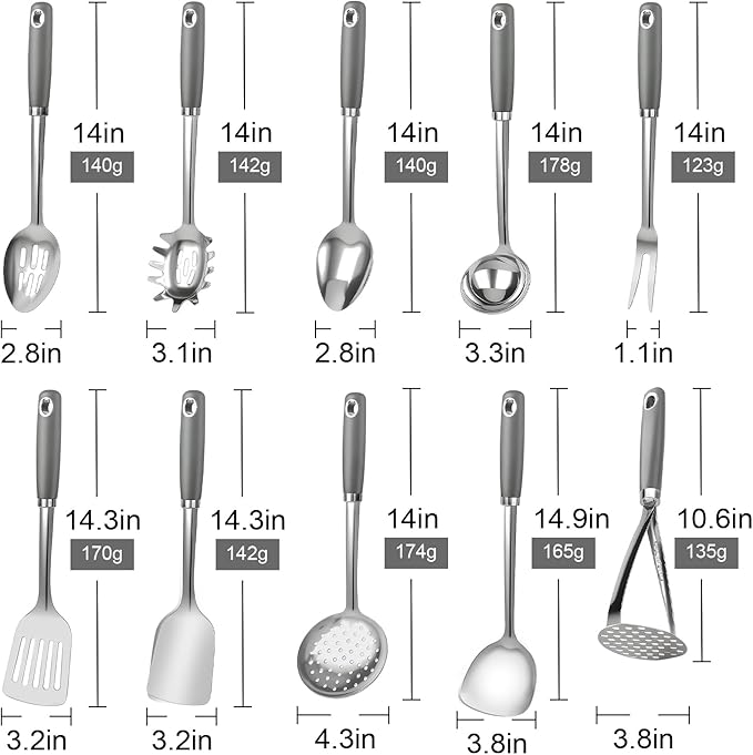 10 Piece Stainless Steel Cooking Utensils Set - 18/0 Heavy Duty Kitchen Tools for Grilling & Serving (Grey)