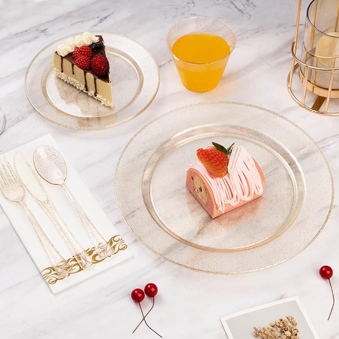 Goodluck 350 Pieces Dinnerware Set for 50 Guests, Plastic Plates Disposable for Party, Include: 100 Gold Glitter Plastic Plates, 50 Paper Napkins, 50 Cups, 50 Gold Glitter Plastic Silverware Set