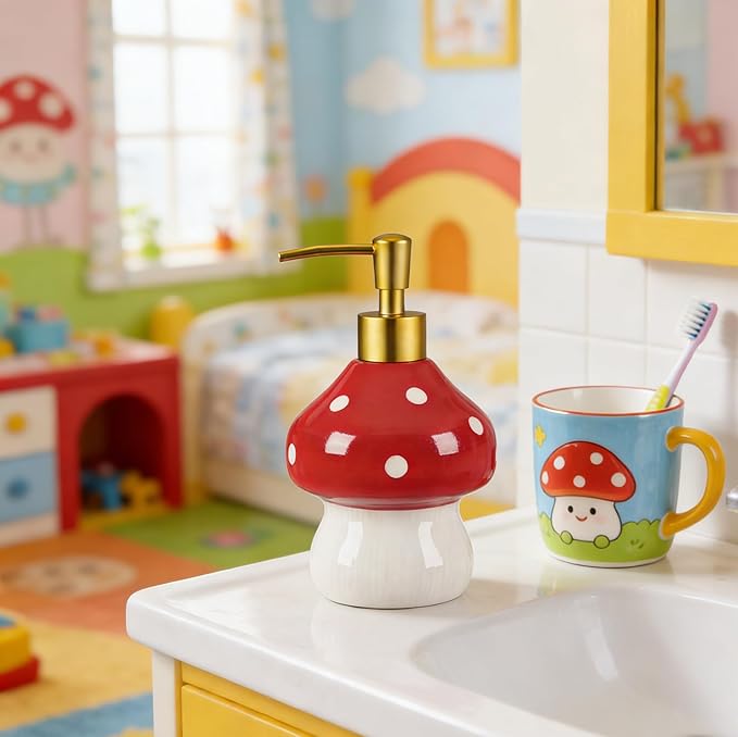 RQYIXI 17 Oz Mushroom Ceramic Soap Dispenser with ABS Pump,Refillable Liquid Bathroom soap Dispenser for Lotion,Body Wash,Cute Kitchen Soap Dispenser for Dish Soap,Hand Soap