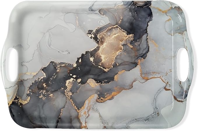 Serving Tray Decorative Tray with Handles Multi-Purpose Rectangular Serving Trays for Restaurant, Parties, Coffee Table, Kitchen - Grey Gold Marble Pattern