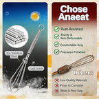 Anaeat Small Wire Whisk Set of 2, Portable Stainless Steel Kitchen Tiny Whisk & Egg Beater with Thick Wire - Sturdy Mini Mixing Balloon for Cooking, Blending, Whiping, Beating and Stirring (6" + 8")