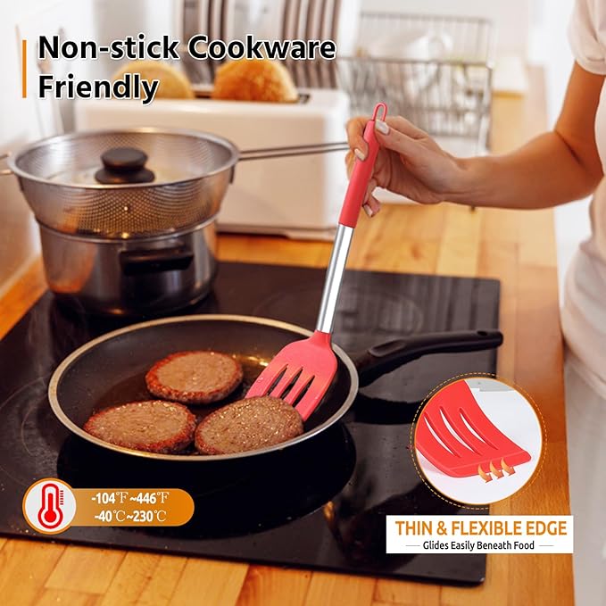 Silicone Spatula Set of 2, E-far Solid & Slotted Turner for Nonstick Cookware, Heat Resistant Rubber Kitchen Cooking Utensils for Flipping Fish Pancake Egg - Red