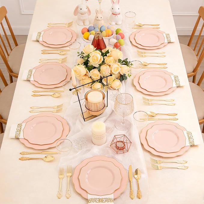NOCCUR 175PCS Pink Plates with Gold Disposable Silverware - Include 50 Pink Plastic Plates,25 Knives,25 Forks,25 Spoons,25 Cups and 25 Napkins - Ideal for Party/Wedding/Mother's Day