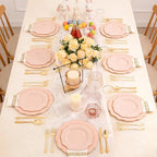 NOCCUR 175PCS Pink Plates with Gold Disposable Silverware - Include 50 Pink Plastic Plates,25 Knives,25 Forks,25 Spoons,25 Cups and 25 Napkins - Ideal for Party/Wedding/Mother's Day