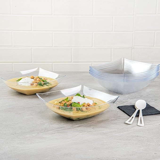 Restaurantware-Moderna 32 Ounce Fancy Plastic Bowls, 10 Square Disposable Salad Bowls - Durable, Heavy-duty, Clear Plastic Bowl, For Warm And Cold Foods