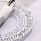 DaYammi 210PCS Silver Plastic Dinnerware Set, Silver Disposable Plates, Includes:30 Dinner Plates,30 Salad Plates,30 Cups 9 OZ and 30 Pre Rolled Napkins with Cutlery Heavy Duty for Party