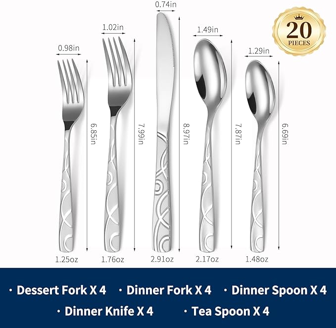 20PCS Silverware Set Service for 4, Premium 18/0 Stainless Steel Cutlery Set, Mirror Polished Flatware, Modern Kitchen Eating Utensils for Home, Restaurant, Wedding, Party