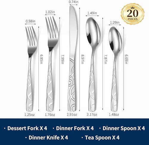 20PCS Silverware Set Service for 4, Premium 18/0 Stainless Steel Cutlery Set, Mirror Polished Flatware, Modern Kitchen Eating Utensils for Home, Restaurant, Wedding, Party