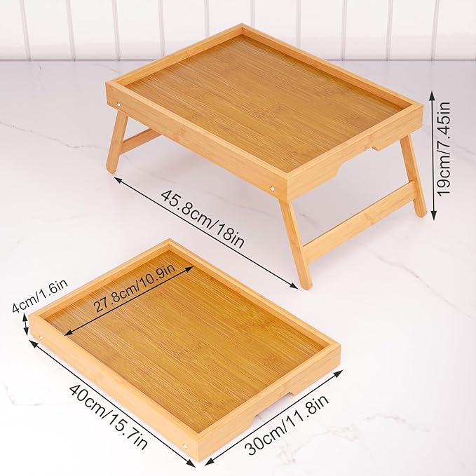 Fibogollo 2 Pack Bamboo Bed Tray Table with Folding Legs,Breakfast Trays,Serving Tray for Food and Snack,Laptop Trays for Working(Natural)