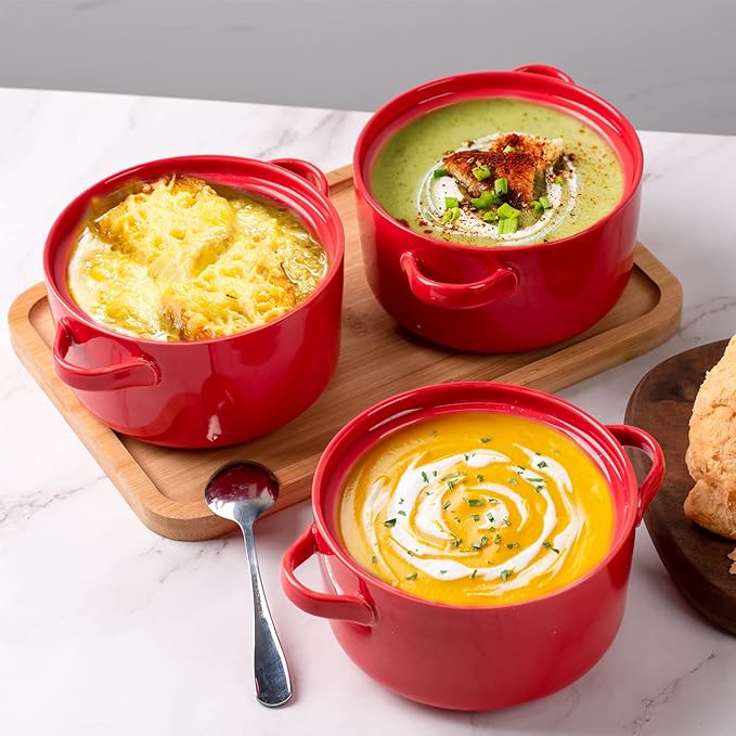 DELLING French Onion Soup Bowls with Handles Set of 6-24 oz Ceramic Soup Crocks Oven Safe, Porcelain Soup Bowl for Chili, Stew, Cereal - Red Stackable Microwave Dishwasher Safe
