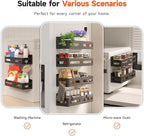 4 Pack Strong Magnetic Spice Rack for Refrigerator, Multipurpose Magnetic Shelf for Fridge with 4 Hooks for kitchen and Bathroom Organization, Black