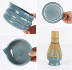 Blue Matcha Whisk Set, Ceramic Matcha Kit Set Valentine Gift Present Includes Matcha Bowl, Matcha Whisk and Holder, Bamboo Scoop, Scoop Rest, Sifter and Tea Towel - 7 Pcs Matcha Kit for Matcha Lovers