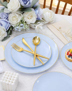 bUCLA 150PCS Blue Plastic Plates - Light Blue and Gold Disposable Include 25 Each (Dinner & Dessert) Plates, 25 Knives, 25 Forks, 25 Spoons and 25 Cups, Ideal for Party, Birthday & Wedding