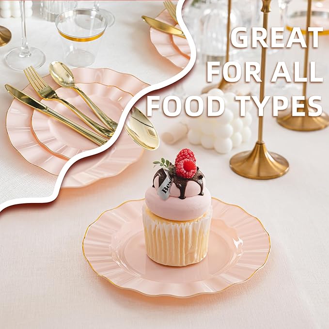 175PCS Gold and Pink Plastic Dinnerware Set, Plastic Party Plates for 25 Guests, 50 Disposable Plates, 25 Heavy Duty Silverware, 25 Cups, 25 Napkins for Party and Wedding