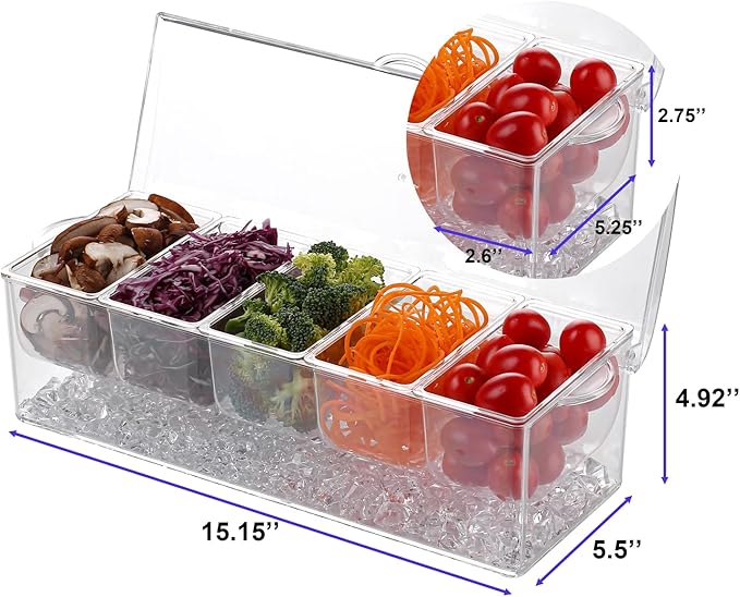 IVYHOME Ice Chilled 5 Compartment Condiment Server Caddy | Fruit Serving Tray | Condiment Pots with 5 Removable Dishes Over 2 Cup Capacity Each and Hinged Lid