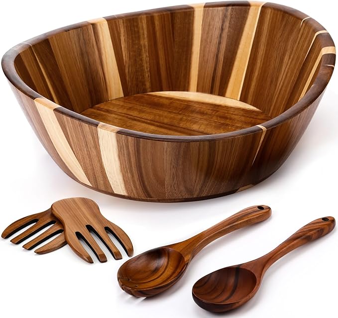 LemonRoad Wooden Salad Bowls Set 12 inch Wavy Large Acacia Wood Serving Bowl with 2 Wooden Hands 2 Utensils Fork Spoon for Fruit, Salad, Cereal, Corn flake, Pasta, Food (Regular Shaped)