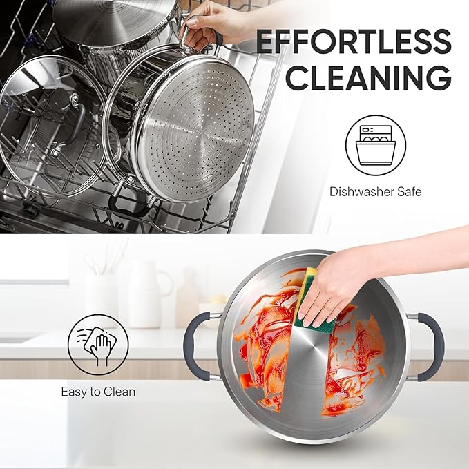 SUNHOUSE - 3.1 Quart Steamer Pots with Lid 2-Tier Multipurpose Stainless Steel Steaming Pot Cookware with Handle for Vegetable, Dumpling, Sauce, Food - Triple Bottom, Measurement Line