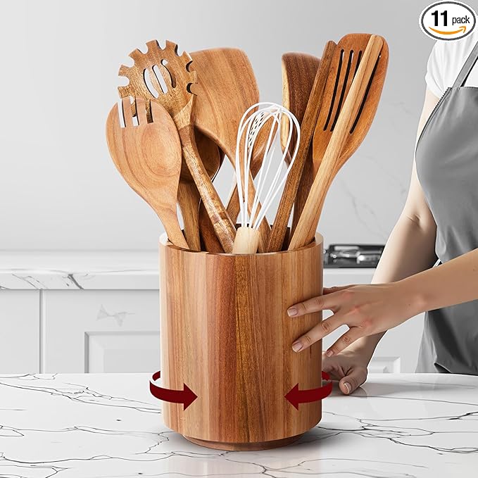 11 Pcs Wooden Kitchen Utensils Set with 360° Rotating Holder 7.3" x 5.9" Acacia Wood Cooking Utensils with Holder Cooking Spoons Spatulas for Nonstick Cookware Countertop Kitchen(Natural)