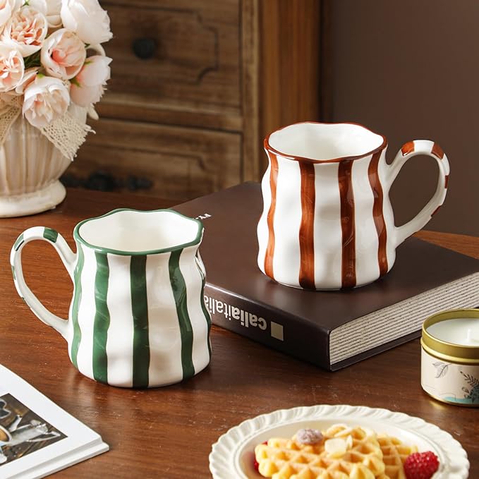 Ceramic Cute Coffee Mugs Set of 2,Cute Mugs For Women,Pretty Mugs(Striped),14 oz Ceramic Large Mugs, Dishwasher Microwave Safe