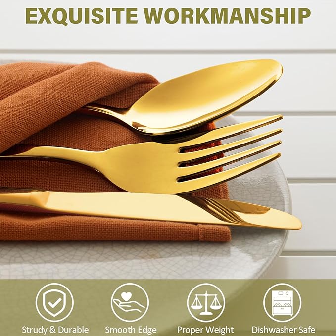 60 Pieces Gold Silverware Set for 12 Stainless Steel Shiny Gold Flatware Set for 12 Cutlery Tableware Set Utensil Set Include Mirror Polished Dinner Knife, Fork, Spoon for Home Restaurant and Wedding