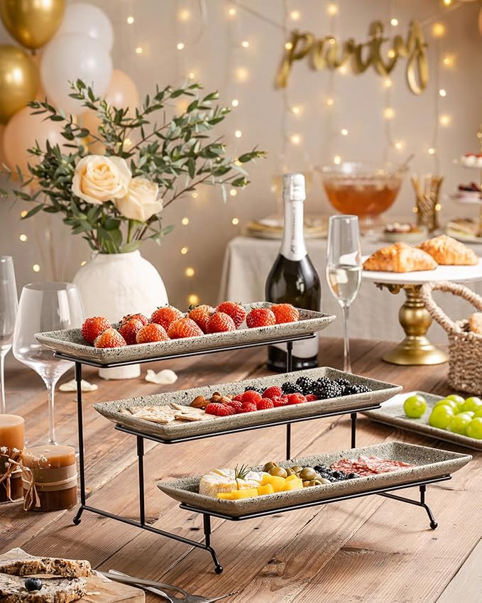 LAUCHUH 3 Tier Serving Trays for Party, 14 inch Dessert Party Display Stand Serving Platters and Trays with Collapsible Sturdier Rack for Mother's Day Serving Food, Speckled Gray