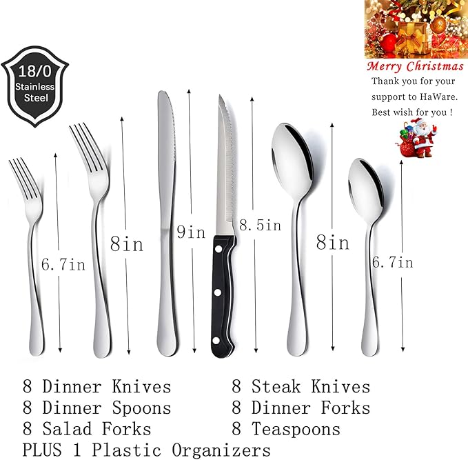 HaWare 49-Piece Silverware Set with Flatware Drawer Organizer, Stainless Steel Cutlery with 8 Steak Knives, Modern Eating Utensils Tableware Service for 8, Mirror Polished, Dishwasher Safe
