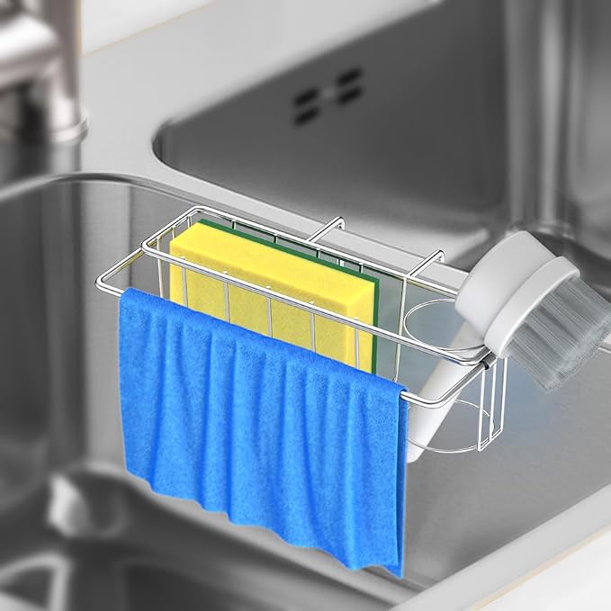 Sponge Holder for Double Kitchen Sink, 3-in-1 Sink Caddy, Brush, Dish Towel, Sponge Sink Organizer Liquid Drainer Rack - SUS304 Stainless Steel