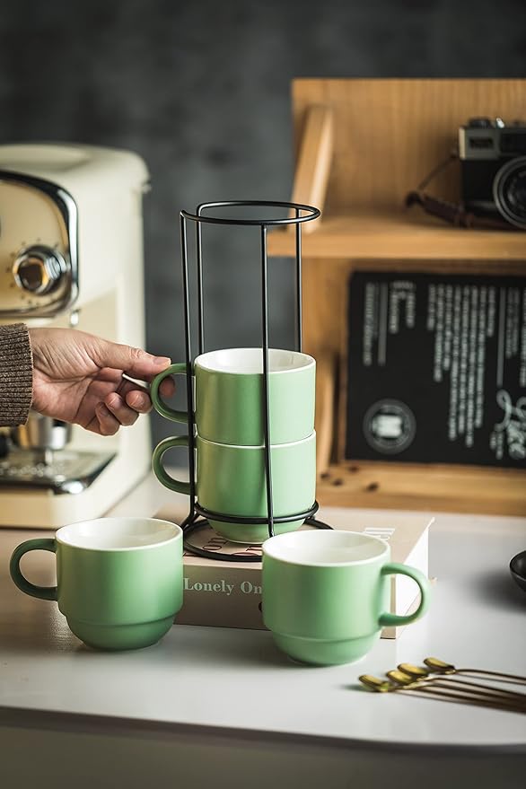 YHOSSEUN 11 Oz Coffee Mugs with Rack and Metal Spoon - Christmas Coffee Cups with Stand for Espresso, Latte, Cappuccino - Ceramic Tea Cup Demitasse Cups Set of 4 for Coffee Time, Green