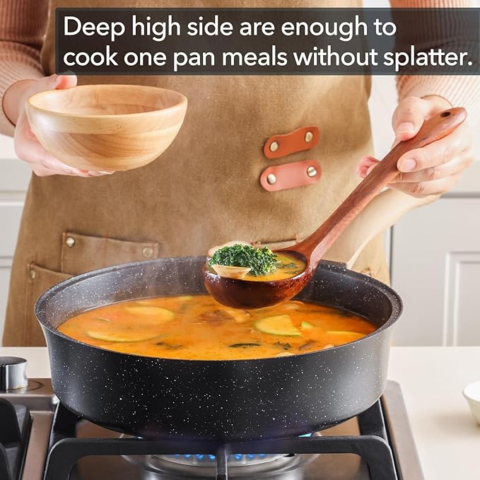Nonstick Deep Frying Pan with Lid, 3.5 QT Swiss Granite Coating Sauté Pan, 10 Inch Healthy Non Stick Skillet Cooking Pan with Stay Cool Handles, PFOA Free, Induction Ready.