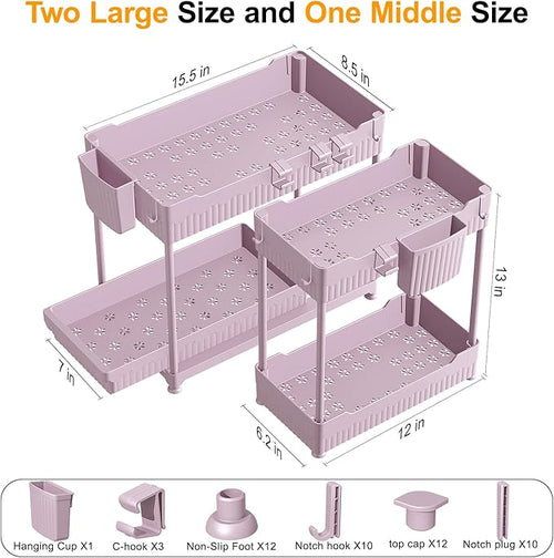 3 Pack Under Sink Organizers, 2-Tier Multi-Use Kitchen and Bathroom Organizers and Storage with Sliding Drawers, Bathroom Cabinet Organizer (Pink, 12.8 Inch)