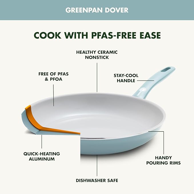 GreenPan Dover 10” Frying Pan Skillet, Non-Toxic PFAS-Free Ceramic Nonstick Coating, Sear Saute Fry Egg Omlete, Dishwasher & Oven Safe, Stay Cool Handle, Easy Pour Rims, Blue Haze