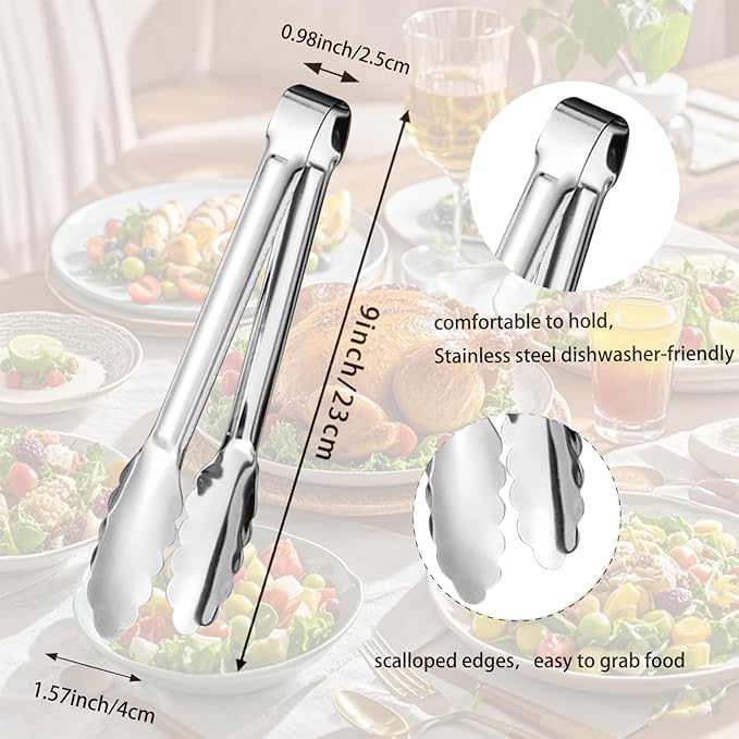 6pcs Stainless Steel Serving Tongs Gold or Silver Plated 9inch Heavy Duty Durable BBQ Clamps Design for Weddings Parties Banquets Buffets Family Gatherings Kitchen Cooking Serving Clip