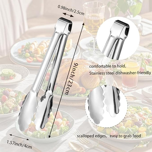 6pcs Stainless Steel Serving Tongs Gold or Silver Plated 9inch Heavy Duty Durable BBQ Clamps Design for Weddings Parties Banquets Buffets Family Gatherings Kitchen Cooking Serving Clip