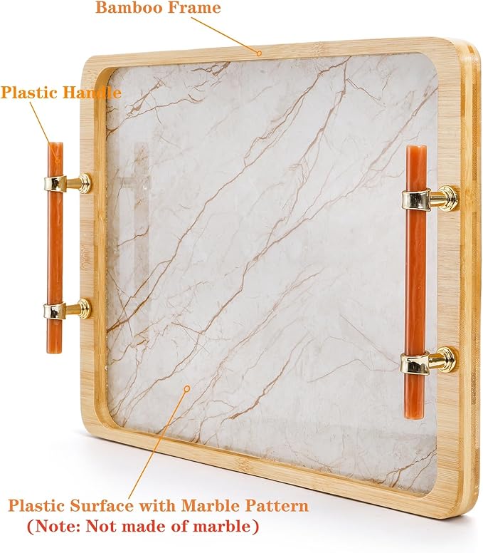 DEAYOU Bamboo Serving Tray with Handles, Marble Pattern Plastic Decorative Ottoman Tray, Large Serving Platter for Coffee Table, Breakfast, Dinner, Perfume, Kitchen Counter, Rectangle, 15.5"x11.5"