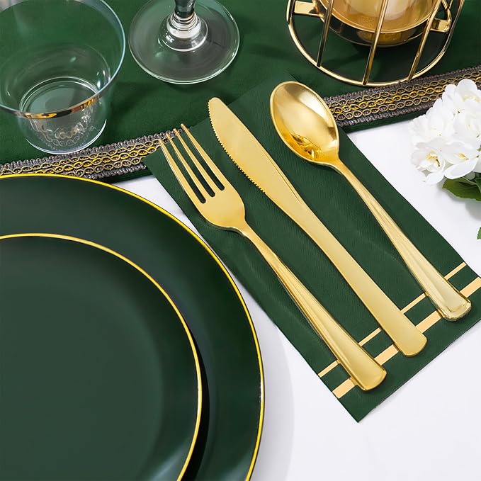 NOCCUR 350PCS Green Plastic Plates - Disposable Green Gold Dinnerware Set for 50 Guests, 100 Dinner/Dessert Plates, 150 Gold Silverware, 50 Cups&50 Napkins for Party ＆ Wedding ＆ Spring
