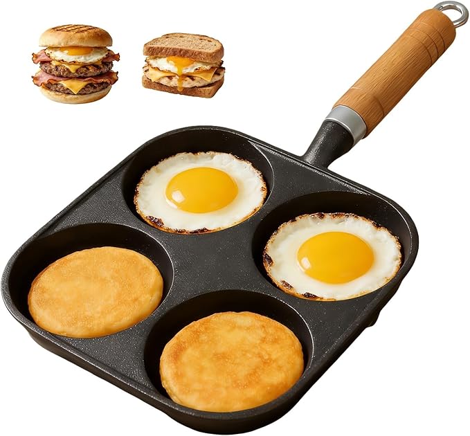 Cast Iron 4-Cup Egg Pan Skillet, Small Omelette Pan, Family Breakfast Pan for Eggs, Pancakes, Sandwich & Bruger, Suitable for Gas Stove and Induction Cooktop, Natural Nonstick with Seasoning, 7.5 inch