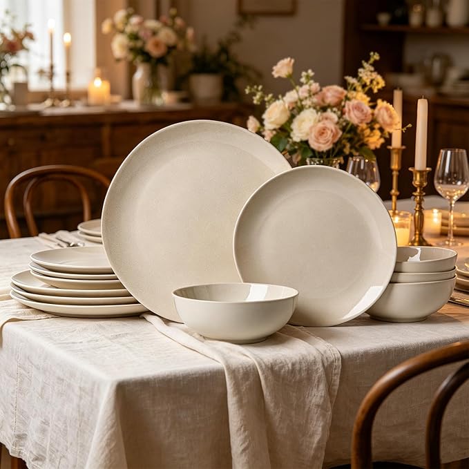 Ceramic Dinnerware Sets for 4,12 Pieces Plates and Bowls Sets, Plates Pasta Bowls Soup Bowls, Modern Stoneware Dishes, Reaction Glaze (White)