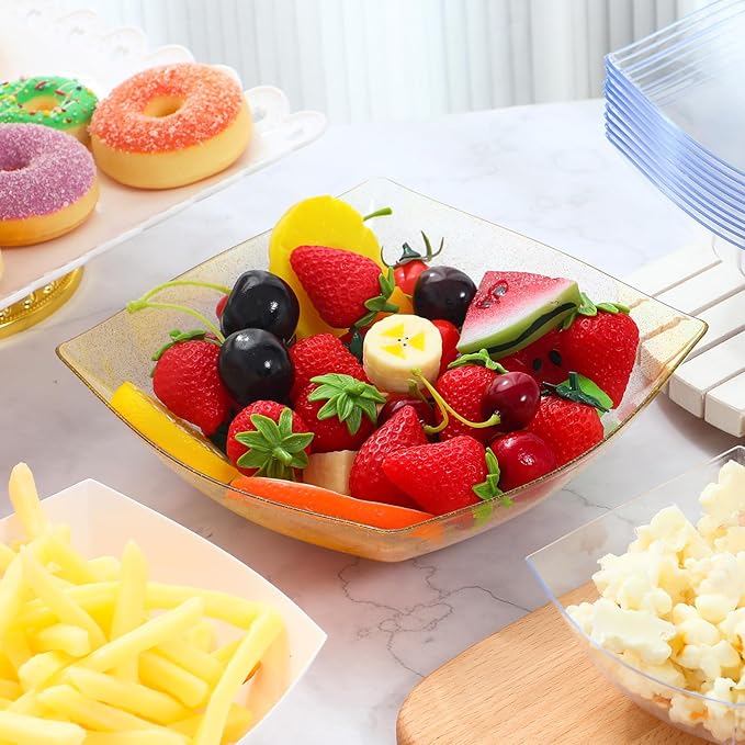 Tanlade 50 Pcs Gold Glitter Square Plastic Serving Bowls Disposable Snack Salad Bowl Small Party Candy Bar Containers Taco Bar Serving Dishes for Buffet Chips Fruit(32 oz)