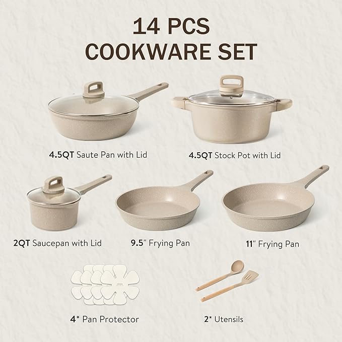 CAROTE 14 Pcs Pots and Pans Set Nonstick, Induction Kitchen Cookware Sets, Non Stick Kitchen Cooking Set with Frying Pans Set