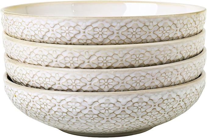 8 inch Pasta Bowls, 22 Oz Ceramic Serving Bowls Set of 4, Embossed Porcelain Salad Bowl, Serving Dishes for Pasta, Salad, Soup, Fruit, Housewarming Gift, Wedding Decor, Oven & Dishwasher Safe