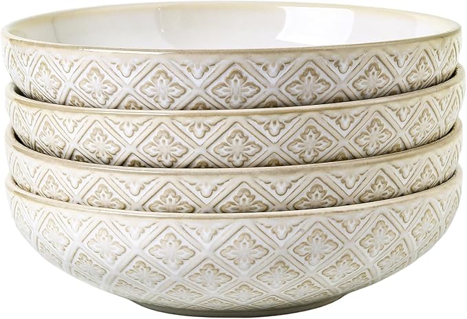 22 Oz Pasta Bowls Set of 4 - Ceramic Soup Bowls, 8inch Large Serving Bowl, Porcelain Kitchen Embossed Dish for Salad, Fruit, Rice, Desserts, Housewarming Present, Dishwasher Safe
