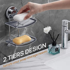 LEVERLOC Soap Dish Holder Suction Cup for Shower Wall Double Layer Drill-Free Waterproof Wall Mount Strong Suction Removable Bar Soap Sponge Holder for Bathroom Bathtub Kitchen, Chromed