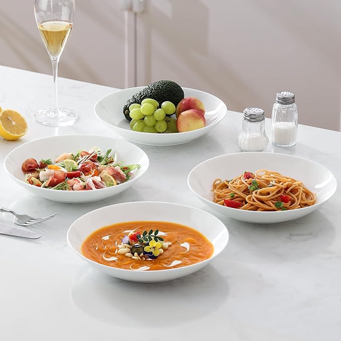 Bone China Pasta Bowls Set of 4, 23.5oz Soup Bowls White Salad Bowl, 8 inch Pasta Bowls Lightweight Wide Shallow Kitchen Plates for Serving Dinner - Microwave Dishwasher Safe, Kitchen Gifts