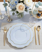 bUCLA 180PCS Blue Plastic Plates - Disposable Light Blue with Gold Rim - Include 30 Each (Dinner & Salad) Plates, 30 Knives, 30 Forks, 30 Spoons, 30 Cups for Party, Party, Birthday & Shower