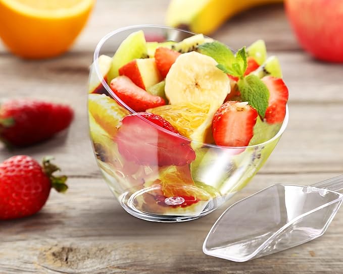 Hoolerry 16 Pcs Serving Bowls Kit Include Clear Plastic Bowls for Parties and Popcorn Measuring Scoops Acrylic Plastic Kitchen Angled Candy Scoops for Office Canister Salad Cooking (25 oz)